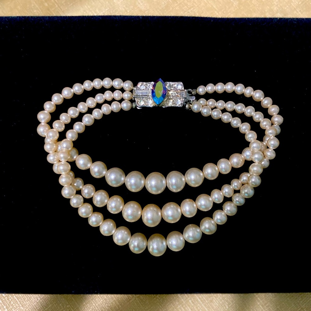 Vintage 3-Strand Graduated Faux Pearl Art Deco Style Bracelet AB Rhinestone